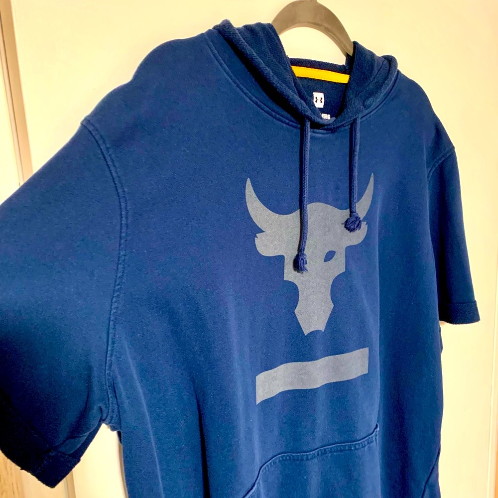 Project Rock Terry short sleeve hooded shirt, XXL (Blue w/yellow trim)